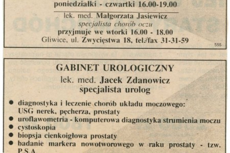 Ogłoszenia w Nowinach Gliwickich i Dzienniku Zachodnim, reklamujące Gabinety Lekarskie